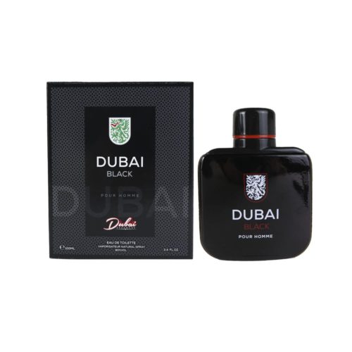 Frasco y caja del perfume Dubai Black uno al lado del otro, ambos en negro con detalles plateados y rojos.