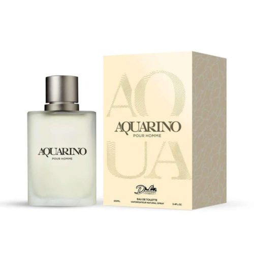 Un frasco de perfume de vidrio esmerilado minimalista con tapa plateada, junto a una caja beige etiquetada "Aquarino Pour Homme".