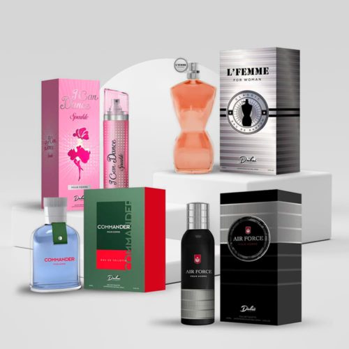 Colección de perfumes Dubai Essences exhibidos en plataformas blancas. Incluye las fragancias 'I Can Dance Sparkle', 'L'Femme', 'Commander' y 'Air Force' en elegantes envases.