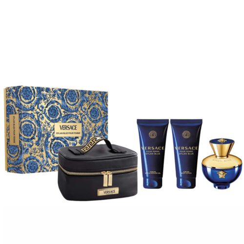 Set de regalo Versace Dylan Blue que incluye frasco de perfume, gel de ducha, loción corporal, cosmetiquera negra con cremallera dorada y caja azul con dorado.
