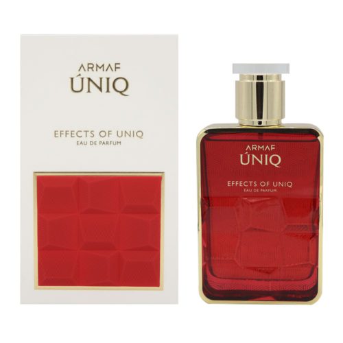 Perfume Armaf Effects of Uniq Eau de Parfum, 100 ml, con caja blanca y roja y botella rectangular roja.