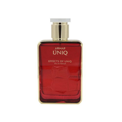 Primer plano de la botella de Armaf Effects of Uniq, de forma rectangular y patrón geométrico rojo.