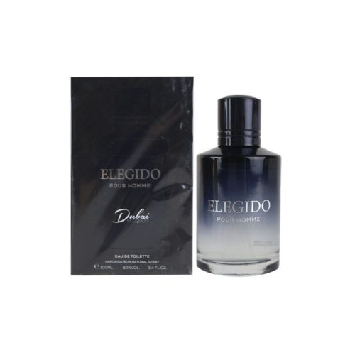 Botella del perfume "Elegido Pour Homme" junto a su caja negra, mostrando la presentación completa del producto.