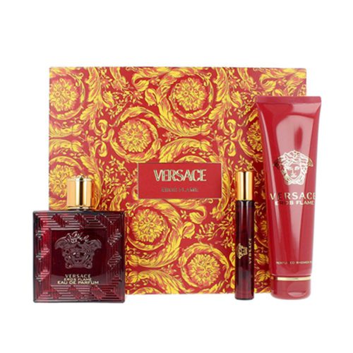 Set de regalo Versace Eros Flame para hombre, incluye Eau de Parfum, gel de ducha perfumado y spray de viaje en presentación roja elegante.