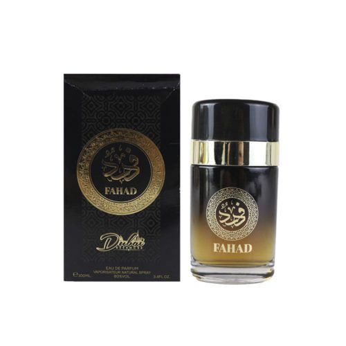 Vista frontal del perfume Fahad EDP 100 ml para hombre de Dubai Essences, mostrando la caja negra y dorada junto a la botella.