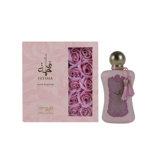 Botella de Fatima Extrait de Parfum de Zimaya junto a la caja de regalo con diseño floral.