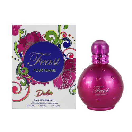 Feast Pour Femme de Dubai Essences – frasco rosado con forma redonda junto a su caja decorativa floral.