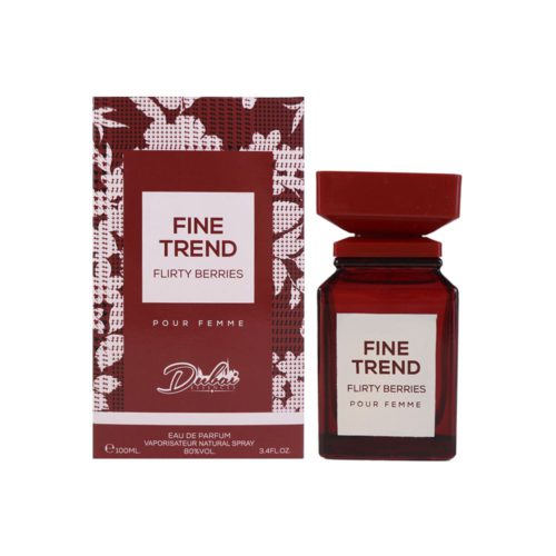 Perfume Fine Trend Flirty Berries de Dubai Essences, Eau de Parfum de 100 ml, junto a su caja roja con diseño floral.