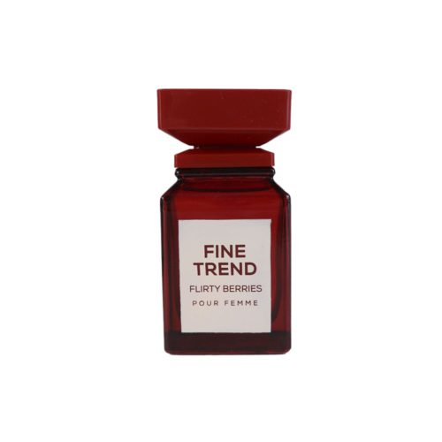 Primer plano del frasco del perfume Fine Trend Flirty Berries, de color rojo oscuro y etiqueta minimalista.