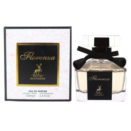 Un frasco delicado y elegante de Florenza Eau de Parfum de Maison Alhambra, junto a su caja con patrón floral y detalles dorados.