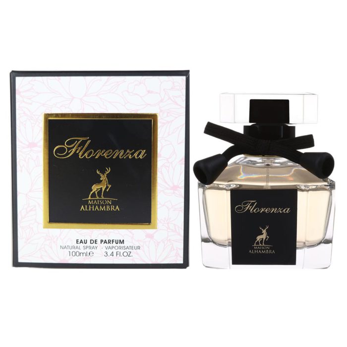 Un frasco delicado y elegante de Florenza Eau de Parfum de Maison Alhambra, junto a su caja con patrón floral y detalles dorados.