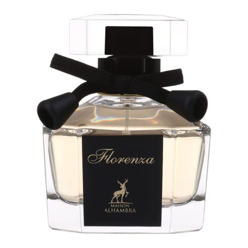 El frasco del perfume Florenza, hecho de vidrio transparente con una etiqueta negra y dorada, adornado con un lazo negro decorativo en el cuello.