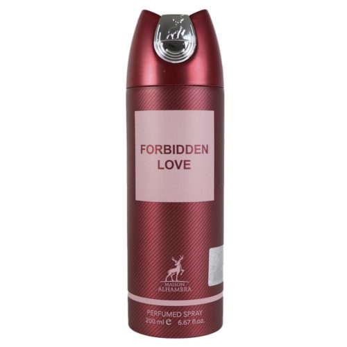 Vista frontal del spray perfumado Forbidden Love de 200 ml de Maison Alhambra, en una botella roja metálica con diseño elegante.