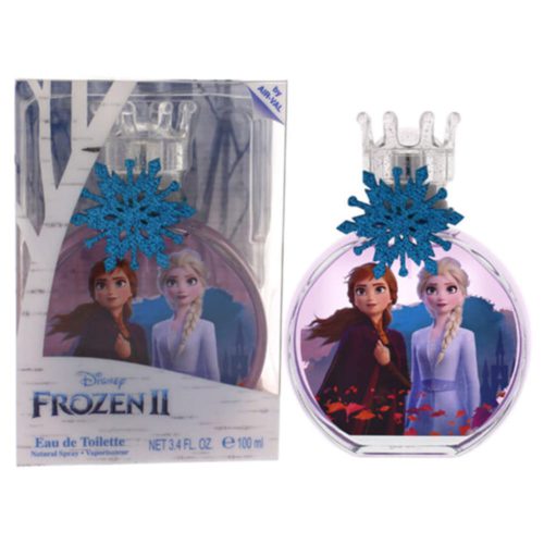 Imagen del perfume Frozen II Eau de Toilette para niños de Disney. El frasco redondo muestra a Anna y Elsa, con un copo de nieve azul brillante y tapa en forma de corona.