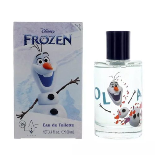 Imagen del perfume Frozen Olaf Eau de Toilette para niños de Disney. El frasco muestra a Olaf el muñeco de nieve con tapa azul oscuro y hojas otoñales.