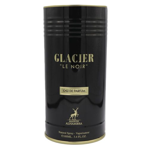 Parte frontal del empaque del perfume Glacier Le Noir EDP con diseño minimalista en negro con detalles dorados.