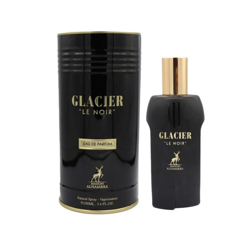 Frasco del perfume Glacier Le Noir y caja cilíndrica en negro mate con detalles dorados y marca Maison Alhambra.