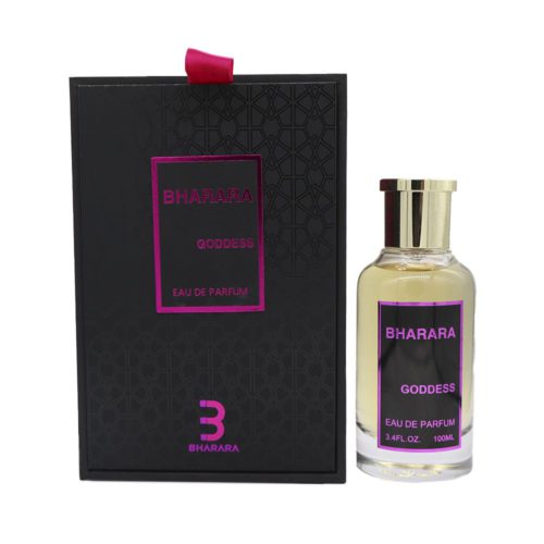 Parte frontal de la caja del perfume Bharara Goddess EDP con el frasco, diseño en negro y detalles púrpuras.