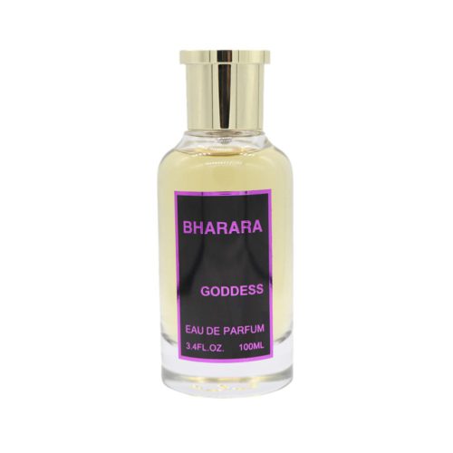 Primer plano del frasco del perfume Bharara Goddess con tapa dorada y etiqueta púrpura.