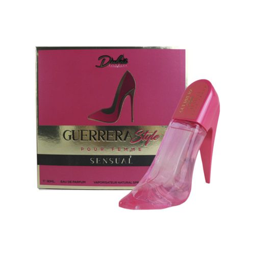 Perfume Guerrera Style Sensual para mujer de Dubai Essences, con frasco en forma de tacón y caja rosa.