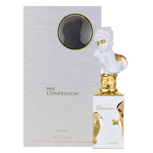 Lattafa Her Confession Eau de Parfum 100ml para Mujeres, un lujoso frasco blanco y dorado con una tapa en forma de busto esculpido, junto a su elegante caja.