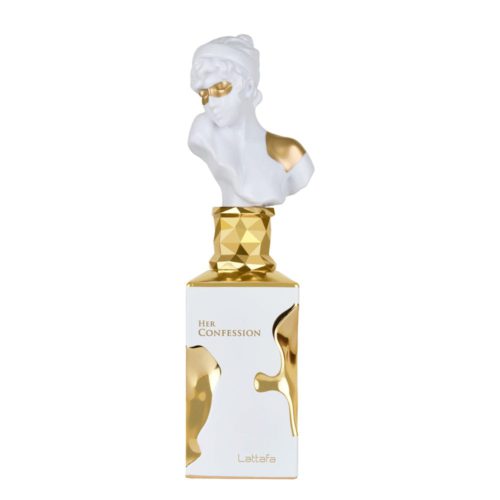 Primer plano del frasco del perfume Lattafa Her Confession, con un diseño blanco y dorado y una tapa en forma de busto esculpido, que refleja elegancia y sofisticación.