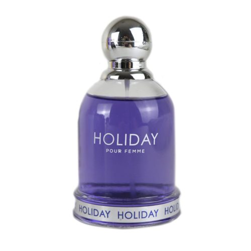 Holiday Pour Femme de Dubai Essences. Botella morada con tapa plateada junto a su caja decorada con flores.