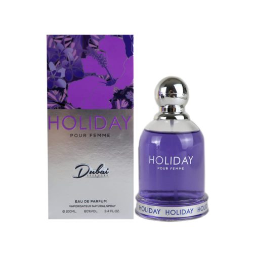 Vista frontal de la caja del perfume Holiday Pour Femme con diseño floral en tonos morados.
