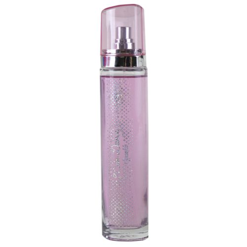 Botella de perfume alta y delgada en color rosa con detalles plateados, etiquetada "I Can Dance Sparkle."
