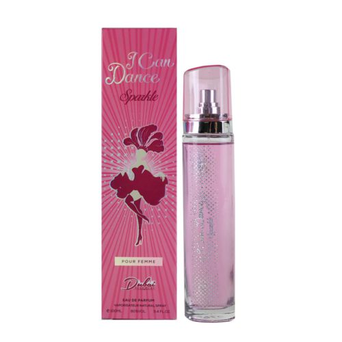 Botella de perfume "I Can Dance Sparkle" junto a su caja rosa a juego.