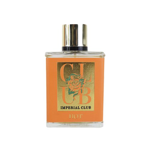 Primer plano del frasco del perfume Imperial Club Hot de Dubai Essences con diseño dorado y naranja.
