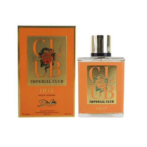 Frasco y caja del perfume Imperial Club Hot de Dubai Essences, Eau de Toilette para hombre, 100 ml.