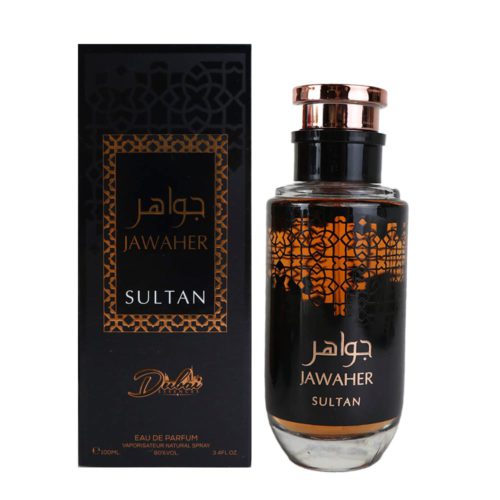 Jawaher Sultan EDP 100 ml de Dubai Essences, con un frasco negro y dorado con un patrón geométrico intrincado, junto a su empaque a juego.
