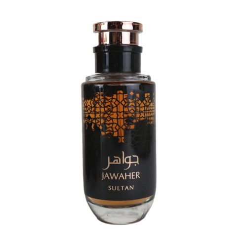Frasco de perfume Jawaher Sultan EDP 100 ml de Dubai Essences, con un diseño lujoso en negro y dorado con patrones de inspiración árabe.