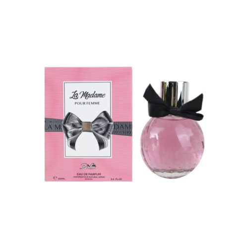 Presentación del perfume La Madame Pour Femme de 100 ml con su caja rosa y frasco redondo con líquido rosado y moño negro.