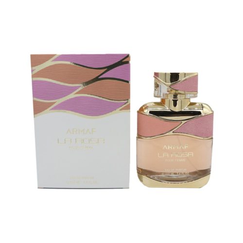 Perfume Armaf La Rosa Eau de Parfum para mujer, 100 ml, con caja de diseño ondulado en rosa, malva y dorado.