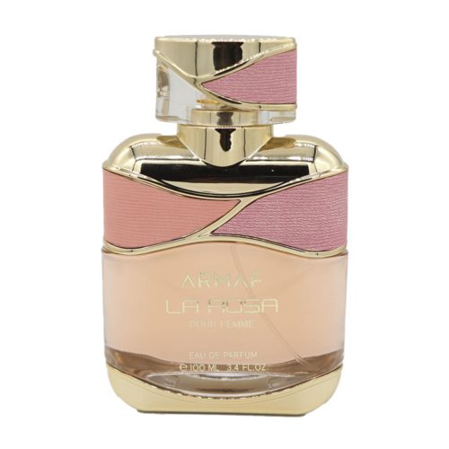 Primer plano de la botella del perfume Armaf La Rosa con detalles en rosa y dorado y textura elegante.