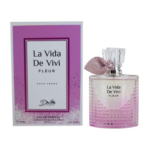 Botella y empaque de "La Vida De Vivi Fleur" Eau de Parfum 100ml con un diseño en tonos morado y blanco de estilo femenino.