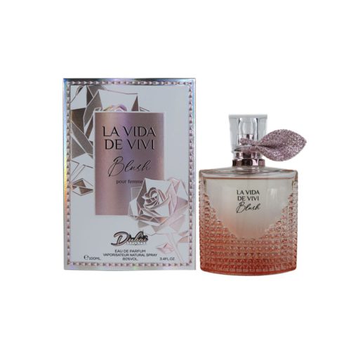 Perfume La Vida de Vivi Blush Eau de Parfum para mujer de Dubai Essences con el frasco y su elegante empaque en tonos rosados.