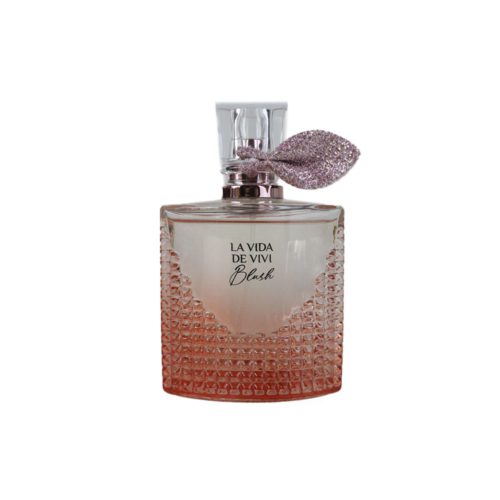 Primer plano del frasco del perfume La Vida de Vivi Blush con diseño en degradado rosa y hoja decorativa brillante en la tapa.