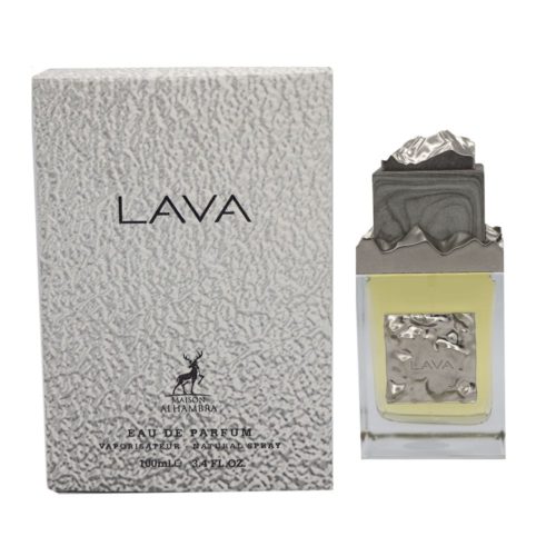 Parte frontal de la caja del perfume Lava EDP con el frasco, diseño plateado texturizado y etiqueta metálica.