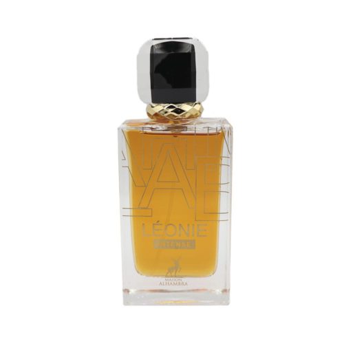 Primer plano del frasco de Léonie Intense EDP con líquido dorado y logo de Maison Alhambra.
