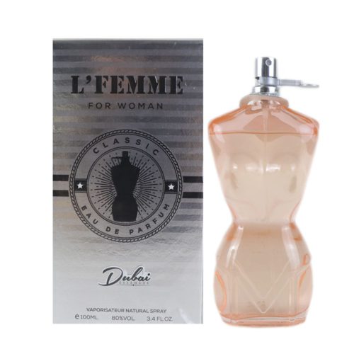 Perfume L'Femme Classic de Dubai Essences – vista frontal del empaque y frasco en forma de torso, Eau de Parfum de 100 ml para mujer.