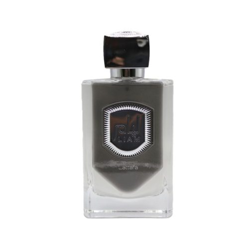 Vista aislada del frasco del perfume Liam Grey en tonos grises degradados con etiqueta plateada y tapa negra.