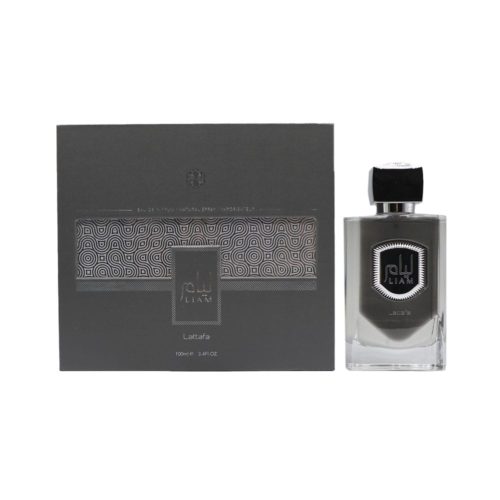 Imagen del frasco y la caja del perfume Liam Grey uno al lado del otro, destacando su diseño geométrico moderno y presentación premium.