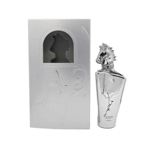 Perfume Maahir Legacy Eau de Parfum de Lattafa, 100 ml, con elegante caja plateada y botella con cabeza de caballo.