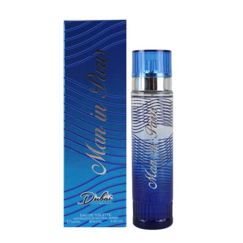 Perfume "Man in Paris" Eau de Toilette de Dubai Essences, con una elegante botella azul de detalles plateados junto a su caja a juego.