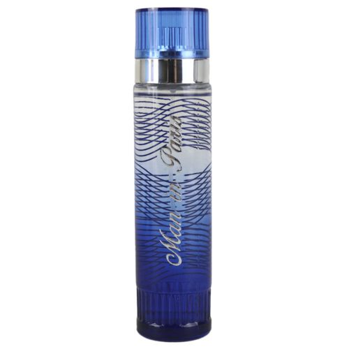 Primer plano de la botella del perfume "Man in Paris" de Dubai Essences, de diseño alto y cilíndrico en color azul con detalles plateados.