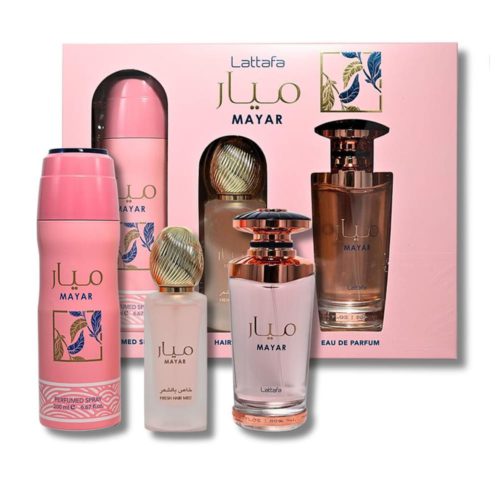 Set de regalo Lattafa Mayar para mujer, con una colección en tonos rosa que incluye un eau de parfum, mist fresco para el cabello, spray perfumado y una caja de empaque en tonos pastel suaves.