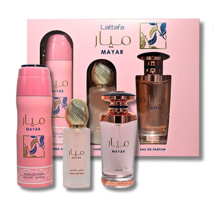 Set de regalo Lattafa Mayar para mujer, con una colección en tonos rosa que incluye un eau de parfum, mist fresco para el cabello, spray perfumado y una caja de empaque en tonos pastel suaves.